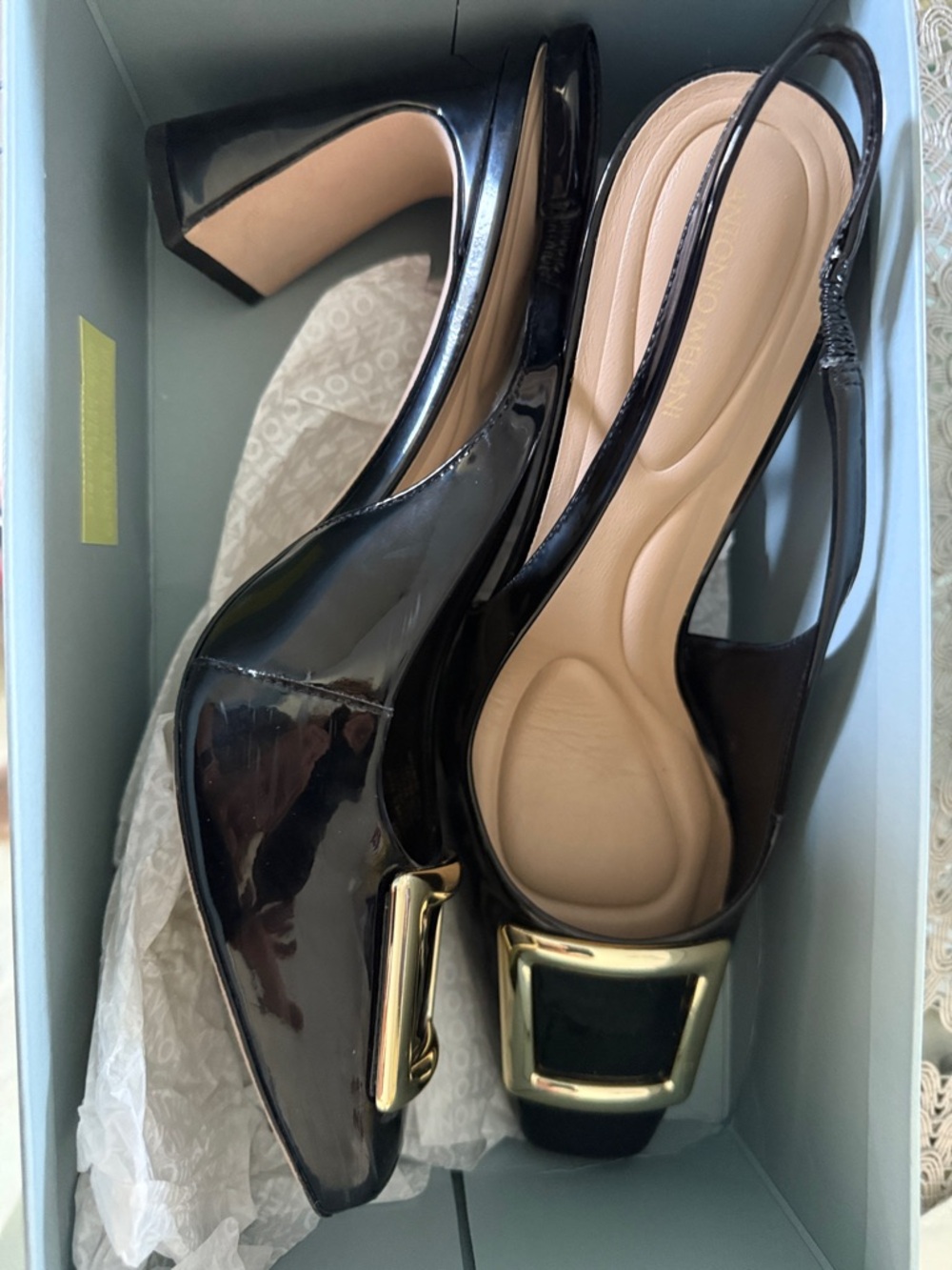 ANTONIO MELANI Black Patent Slingback Block Heel Pumps